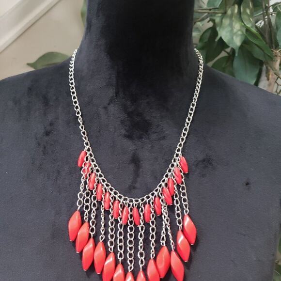 Womens Silver Chain Binge Red Stone Beaded Statement Necklace with Lobster Clasp - Picture 2 of 8